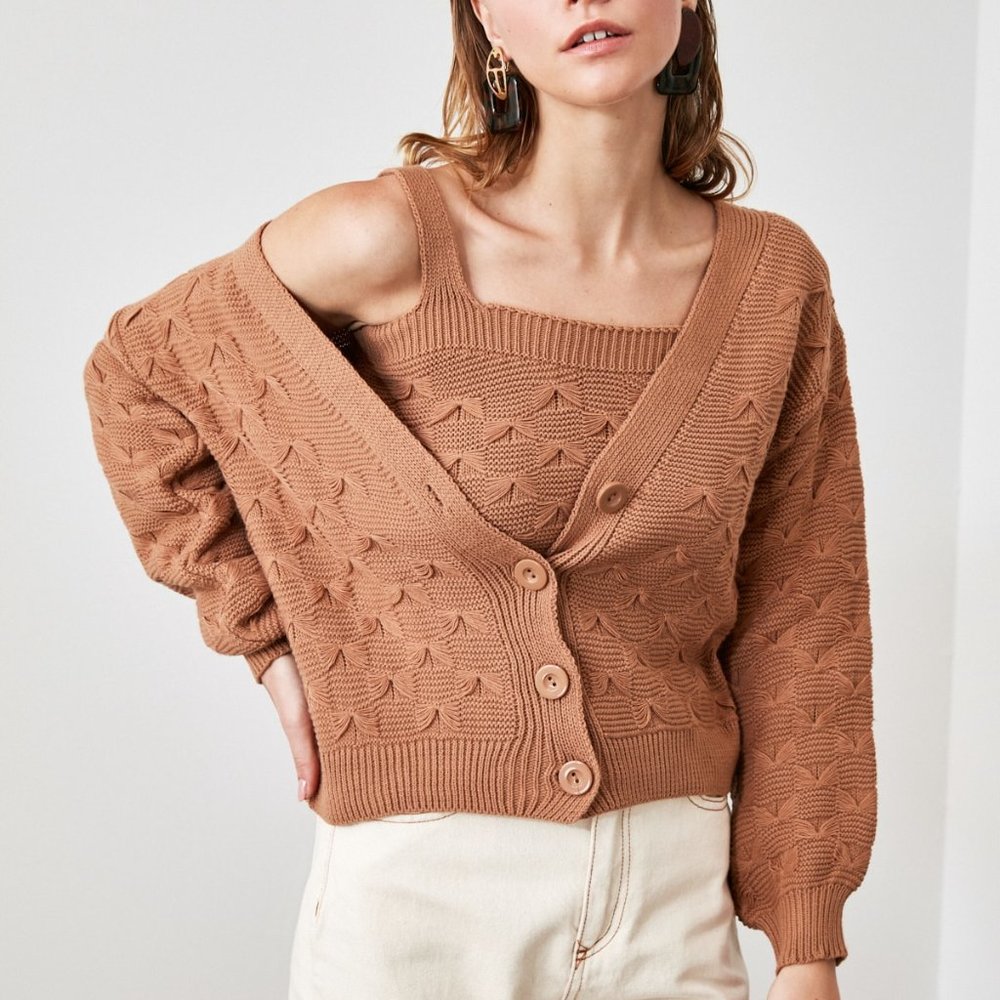 Brown Knitwear 2 Piece Cardigan Tank Top Medium